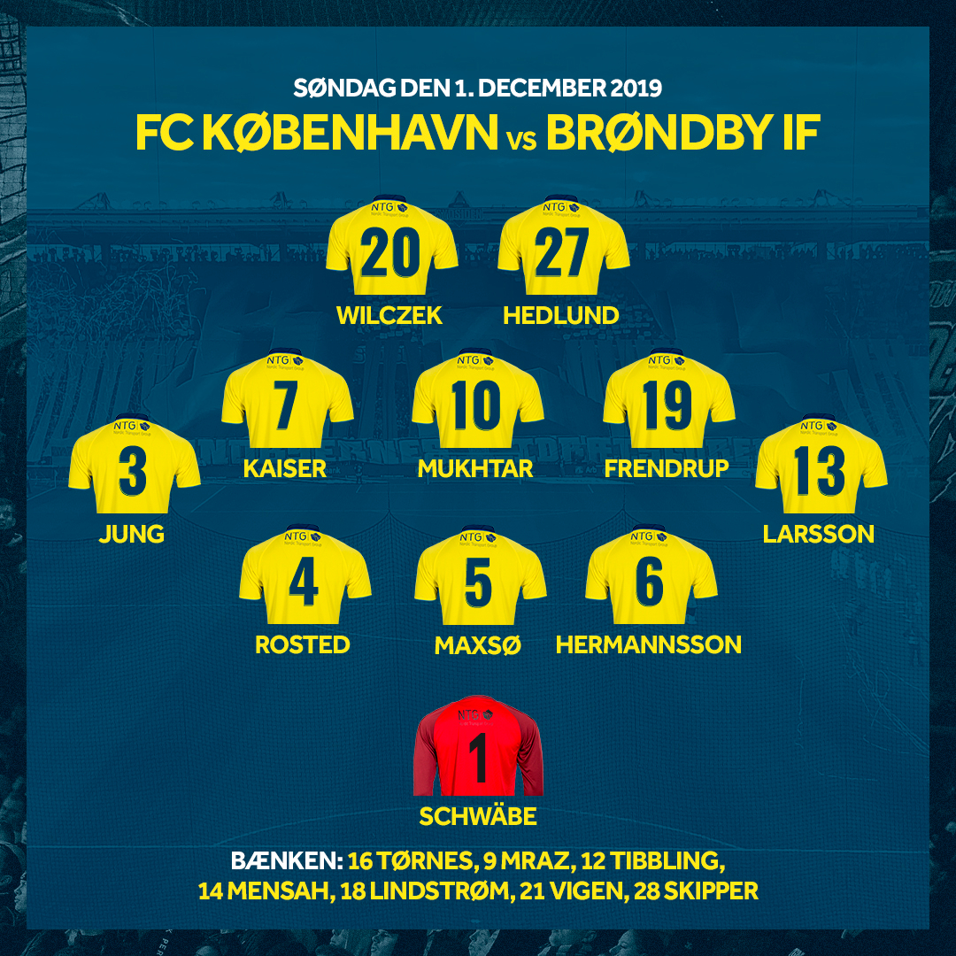 BrondbyIF's tweet photo. Årtiets sidste Derby! 💪

Om en time er der kampstart i Telia Parken, og her er vores startopstilling til opgøret 💛💙
#Brøndby #FCKBIF https://t.co/732IalCTmo