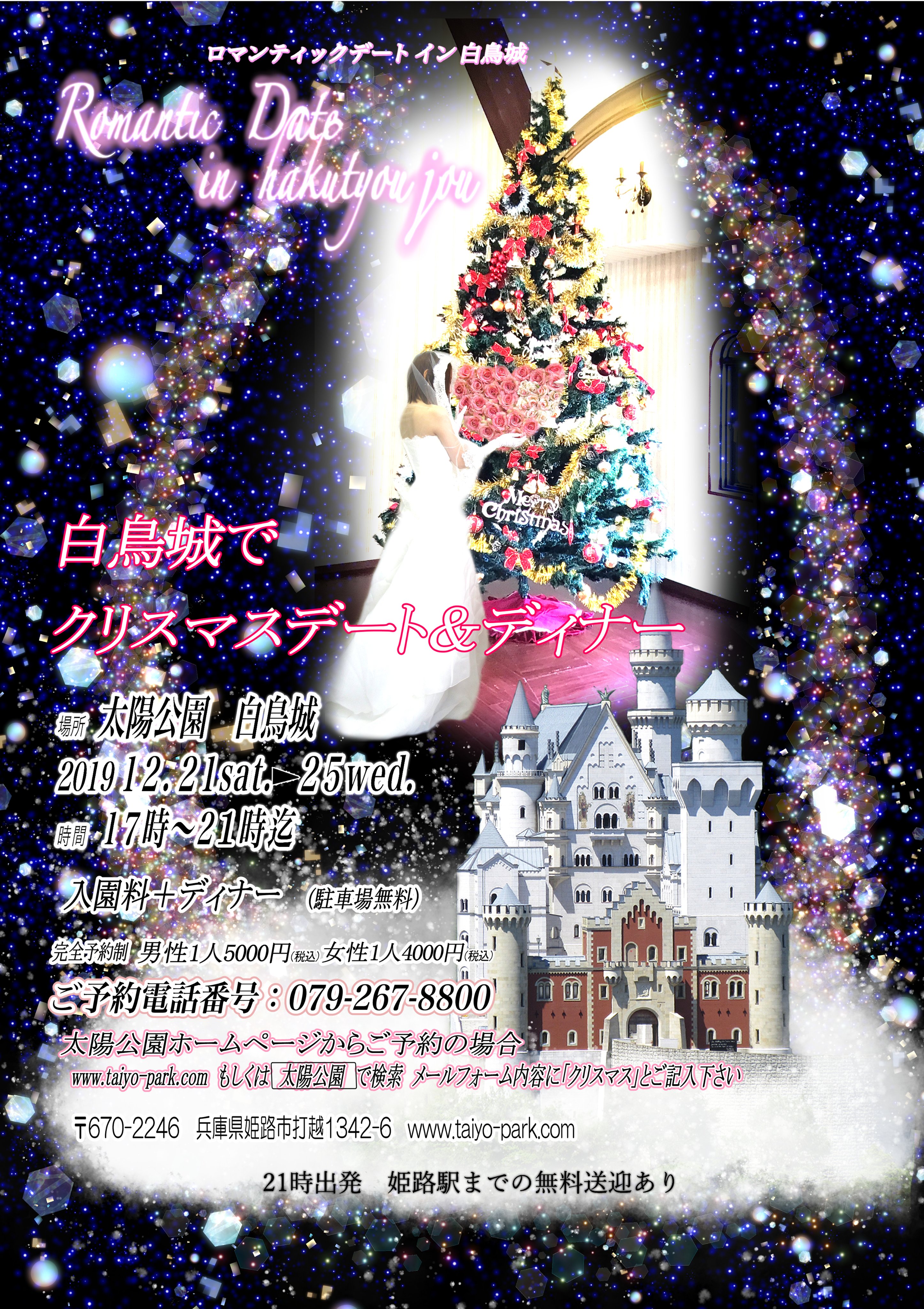太陽公園 公式 太陽公園 クリスマス デート ディナー In 白鳥城 のご案内 19年12月21日 土 12月25日 水 17時 21時まで完全予約制にてディナー 入園料込で男性5000円女性4000円にて販売いたします お電話でのご予約 079 267 00