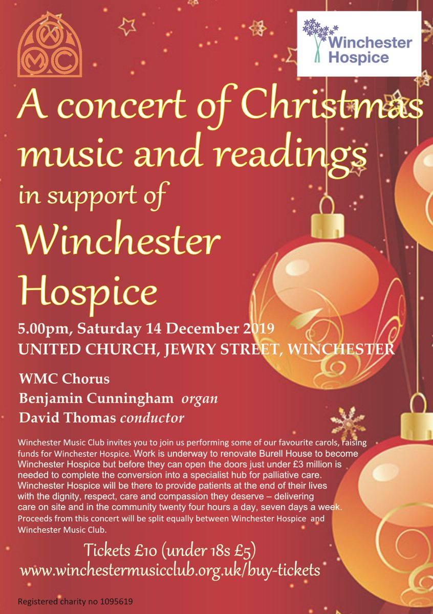 Come and join us at our next concert is on 14 Dec at 5pm in aid of <a href="/WinchHospice/">Winchester Hospice</a> in United Church Jewry St. Winchester.
Carols and readings with audience participation.