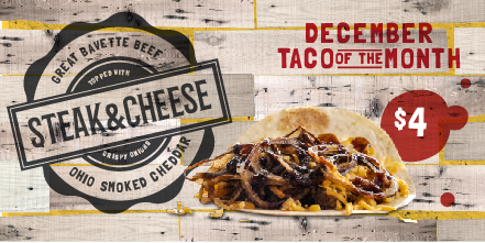 🥩🧀🌮 It's BACK! Our Oak Barrel Steak &amp; Smoked Cheddar #taco is chunks of Great Bavette steak topped with local #Ohio double smoked cheddar and crispy fried onions.🤤 Sooo good. Hurry in! This taco is only available in December.