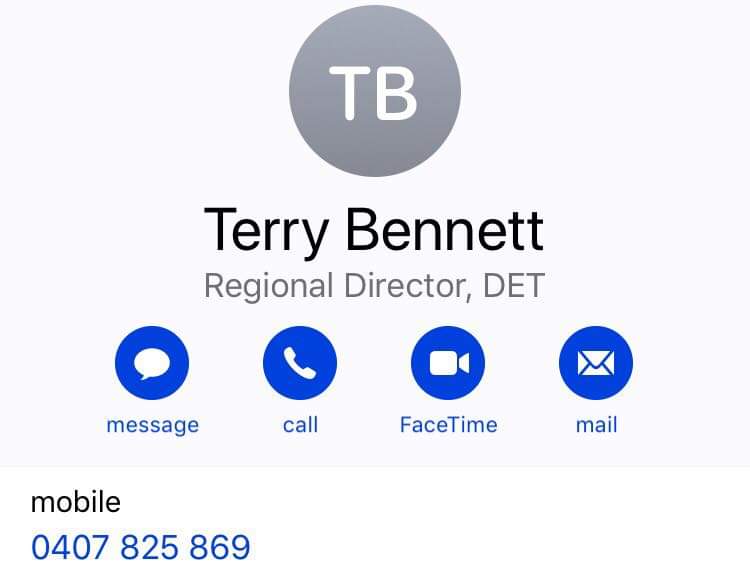 SheppartonE's tweet photo. Got any concerns or need to discuss anything about the Shepparton Super School, contact Terry. This is public information, no dox. #auspol #springst #theage #weeklytimes https://t.co/KcgwAHkmSM