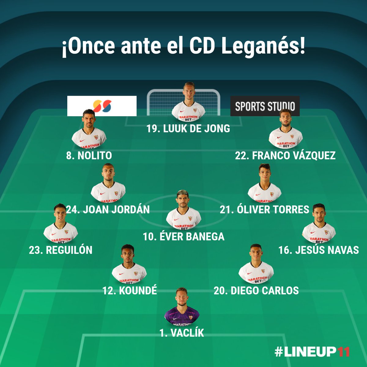 PentaSevilla's tweet photo. 🚨‼👥 | ¡NUESTRO ONCE ante el @CDLeganes!

💺 | Banquillo del #SevillaFC: Bono, Sergi Gómez, Escudero, Gudelj, Bryan, Munir y Chicharito.

❎ | Descartes: Pozo y Dabbur.

#SFCvLEG #LaLiga https://t.co/464Lj5Fdvk