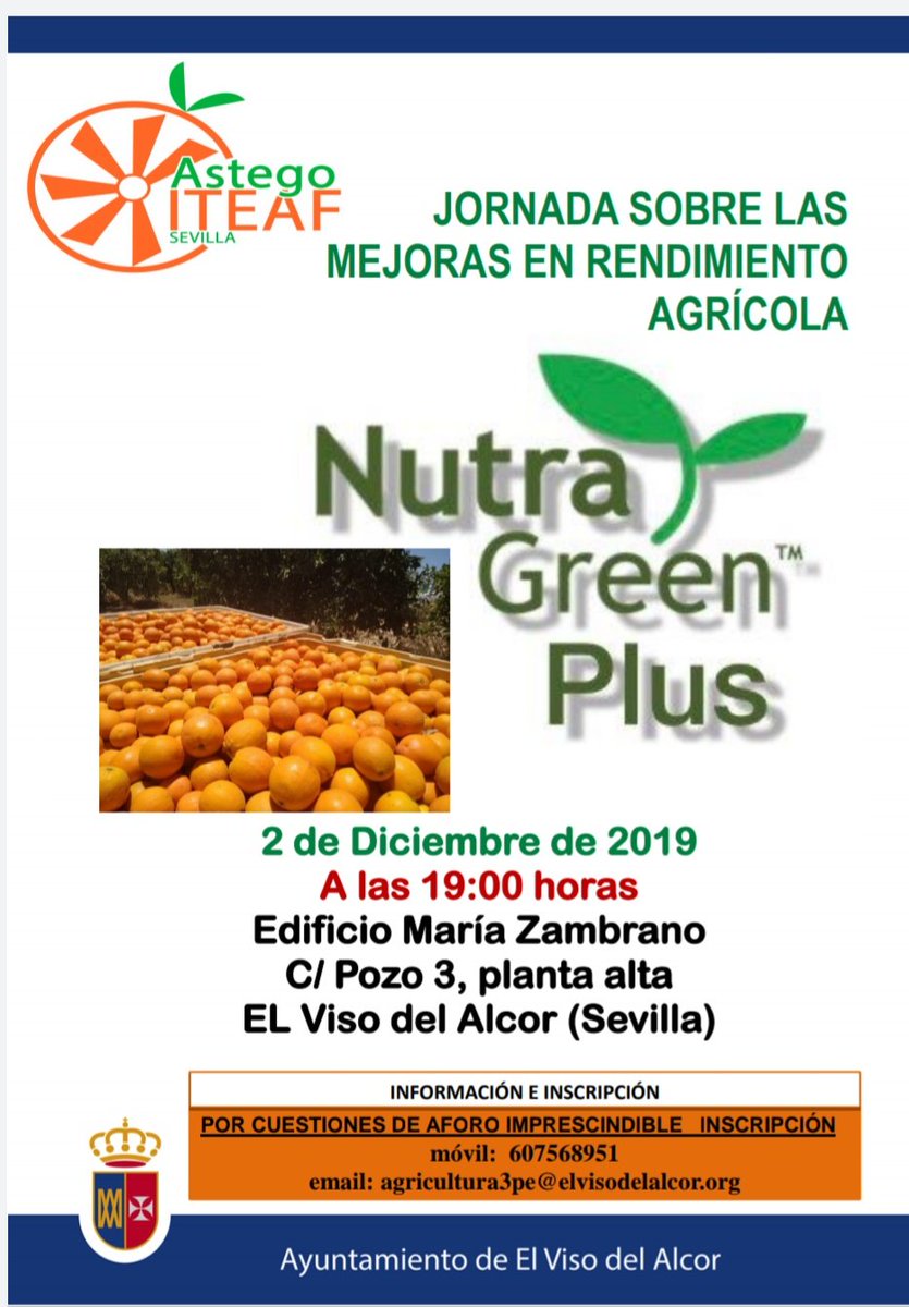 iteafsevilla's tweet photo. El próximo lunes 02/12/2019, estaremos en El edificio María Zambrano del Viso del Alcor para hablar sobre mejoras en  el rendimiento agrícola.
#astego #iteafsevilla #iteaf #inspecciones #atomizador #pulverizador #controldecalidad #auditorías #globalgap #BRC #IFS #nutraGreen https://t.co/oCH17xvv3W