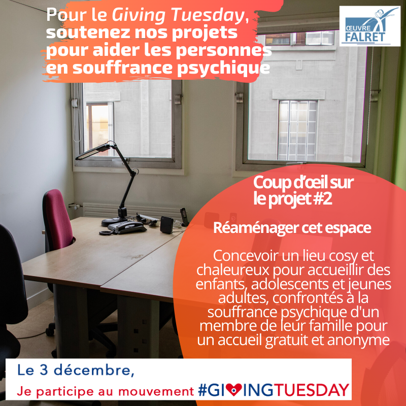 Action_Falret's tweet photo. Giving Tuesday, J-2 ! Le dispositif "Les Funambules FALRET", qui reçoit gratuitement et anonymement les jeunes concernés par la souffrance psychique d’un proche, doit réaménager son espace d’accueil pour en faire un lieu plus convivial.
Soutenez les sur https://t.co/cw6GBCNgCs https://t.co/BXkh92xmO3