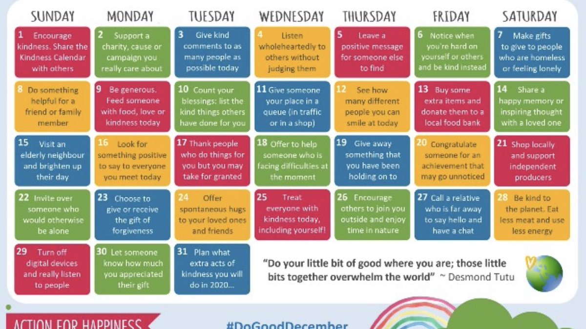 December’s Kindness calendar. Do something nice each day to help change the world 🌍 🕊 #kindnesscalendar #noplanetb