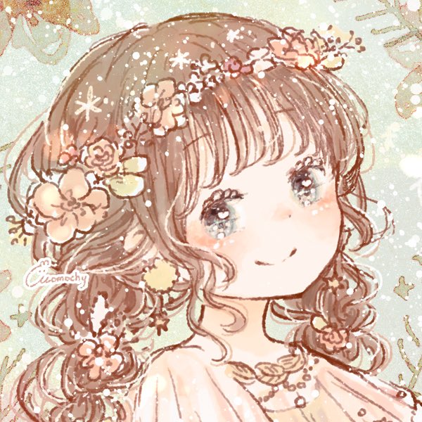 1girl dress braid brown hair solo flower smile  illustration images