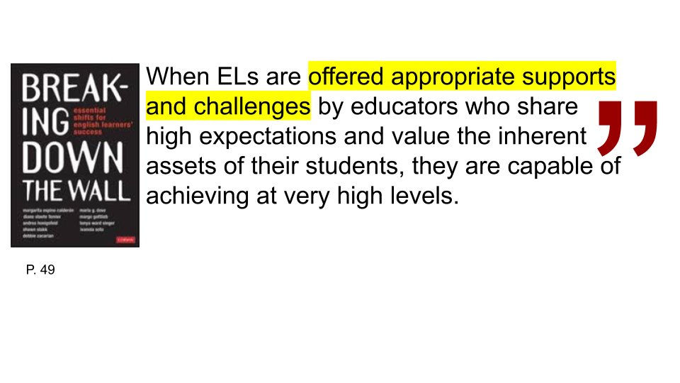 "ELs don't need lower expectations, they need higher scaffolds" <a href="/BrittanyMcW/">Brittany McWilliams</a> 

#Ellchat_BkClub #BreakingDownTheWall <a href="/CorwinPress/">Corwin</a> <a href="/MariaGDove/">Maria G. Dove</a> <a href="/DStaehrFenner/">Diane Staehr Fenner, Ph.D. (she/her)</a> @calderonexc <a href="/ABCD2SCo/">Shawn Slakk, EdD</a> <a href="/TonyaWardSinger/">Tonya Ward Singer</a> <a href="/DebbieZacarian/">Dr. Debbie Zacarian</a> <a href="/margogottlieb/">Margo Gottlieb</a> <a href="/drivannia/">Ivannia Soto, Ph.D.</a> @andreahonigsfel