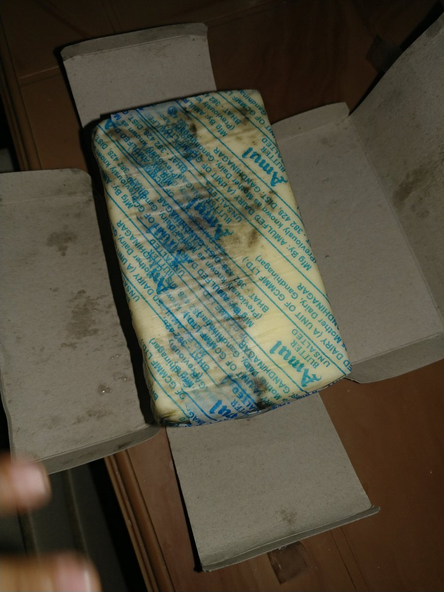 jvidyasagar's tweet photo. @Amul_Coop Bought unsalted butter today from #MoreStore in Hyderabad. See the quality. With black spots on the surface how can we give this to the kids. Shocked. Attaching the invoice too for your reference. Need a proper explanation and replacement. @TSConsumers @IPS_TEJA https://t.co/X3DKdIHoVC