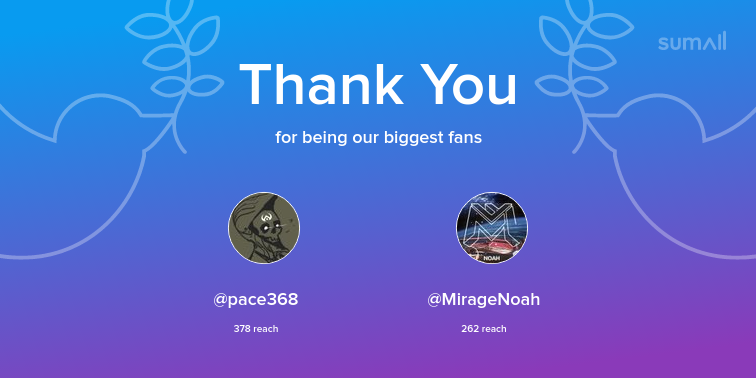 Our biggest fans this week: pace368, MirageNoah. Thank you! via sumall.com/thankyou?utm_s…