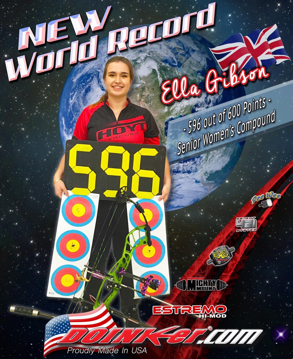 DoinkerStabs's tweet image. Congratulations to Team Doinker&apos;s Ella Gibson on setting another NEW WORLD RECORD! Ella shot this at the Indoor World Series/GT Open in Luxembourg. #WorldRecord #EstremoHiMod #USAmade #Doinker #Archery