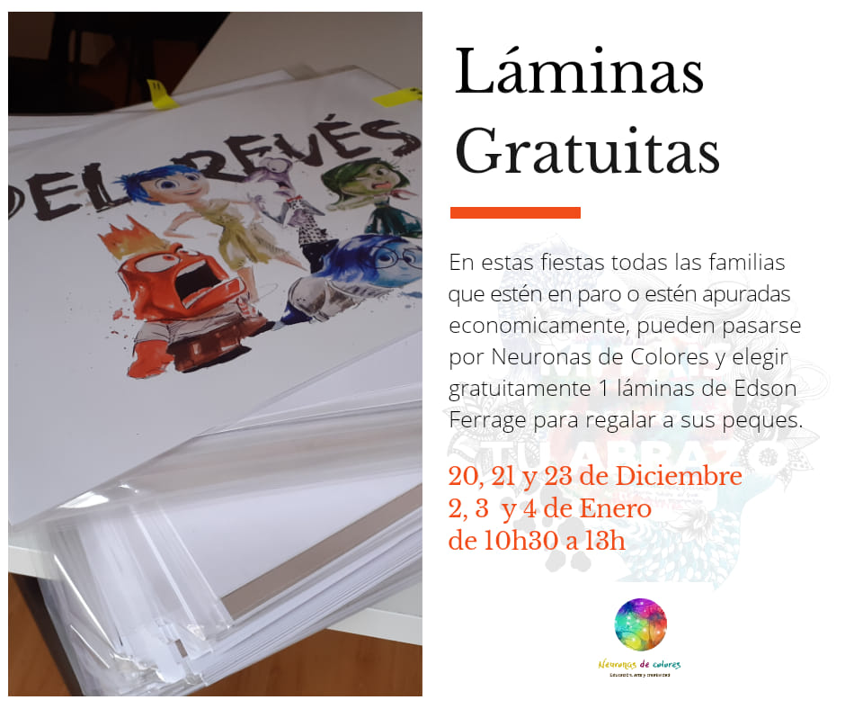 Todas las familias de Parla que estén en paro o que se vean apuradas en estas fiestas se pueden pasar por Neuronas y elegir una lámina por peque que tenga (gratis) hasta que se acabe mi stock de láminas.
Que todos los peques tengan por lo menos un detallito en éstas fiestas.