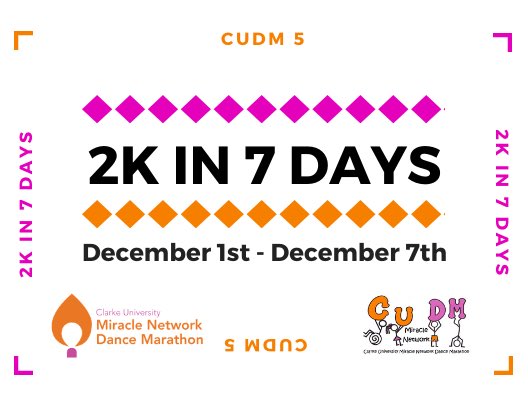 Happy December everyone! CUDM hopes everyone had a nice Thanksgiving break!

Before we end this semester, CUDM is pushing to raise 2K in 7 days! 

Find a friend involved in Dance Marathon, ask for their Donor link &amp; donate donate DONATE! 

As Always, FTK! 🧡