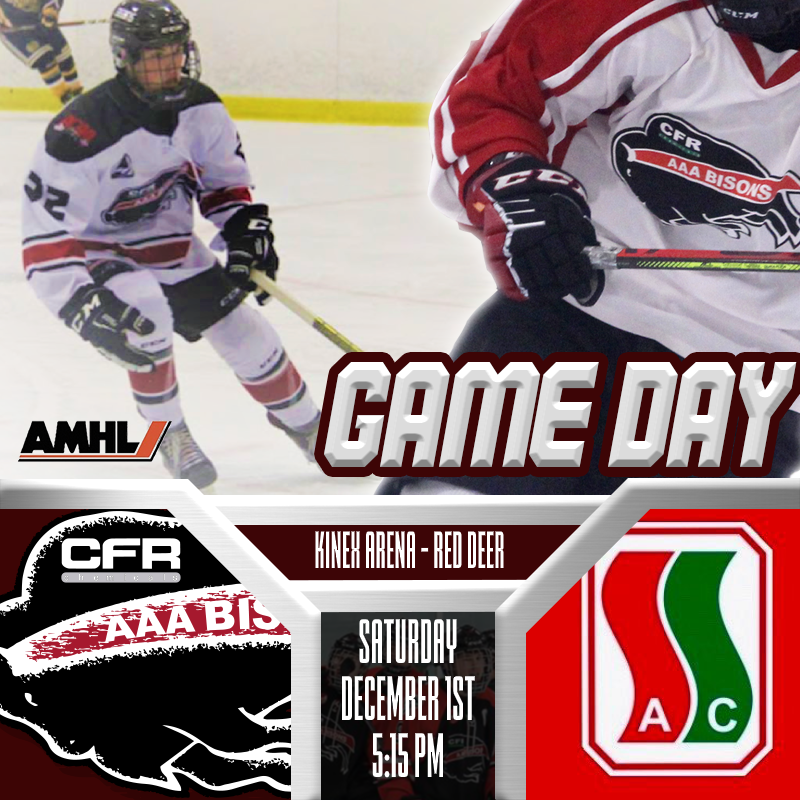 BisonsAAA's tweet photo. GAME DAY!!

The Airdrie CFR Chemicals Bisons look to make it 3 wins in a row as they face off against @SSAC_MAAA  in the #AMHLShowcase finale tonight in  Red Deer.

#Herd https://t.co/8s8rGS2YCn