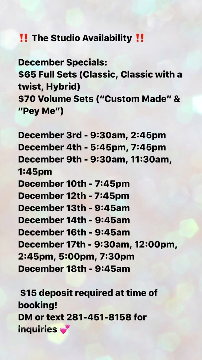 StudioBlinkMink's tweet photo. The Studio will be doing $65 Full Sets and $70 Volume Sets the entire month of December π DM or text 281-451-8158 for booking!
#TheStudio #SHSU #SHSULashTech #SHSU20 #StudioBaddie #HotGirl #HoustonLashTech #LashArtist #EyelashExtensions #SHSU21
#HuntsvilleLashTech #SHSU22 https://t.co/6HQAKQZzq5