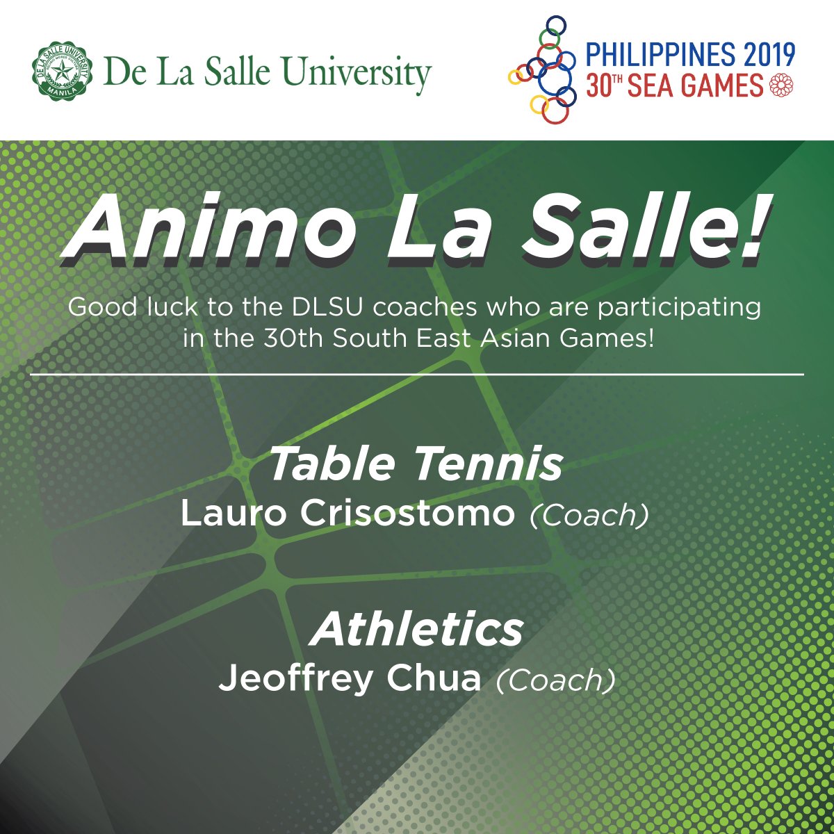 DLSUManila's tweet photo. Good luck to the DLSU coaches participating in the 30th South East Asian Games!

Animo La Salle! https://t.co/cE51ZsnFjC