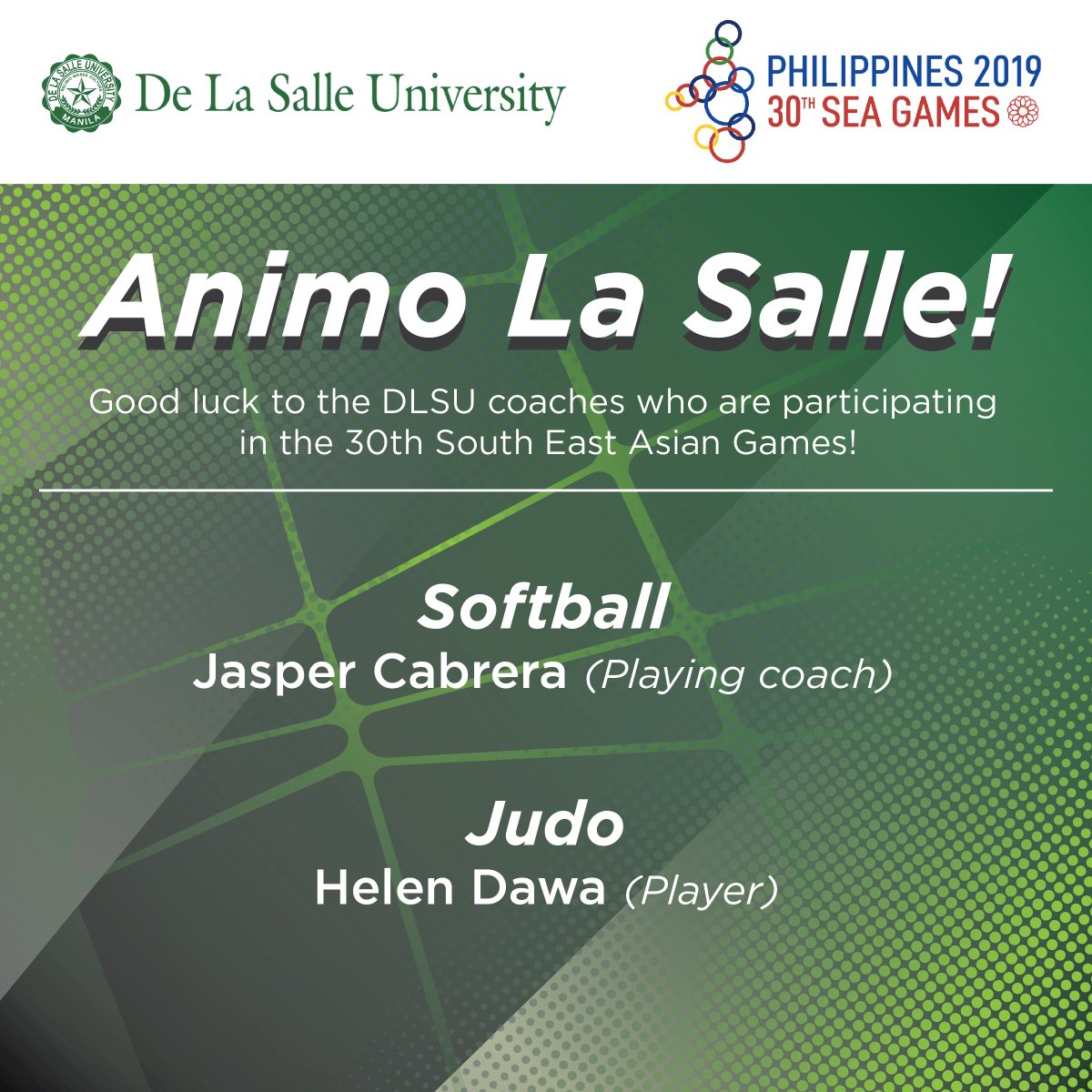 DLSUManila's tweet photo. Good luck to the DLSU coaches participating in the 30th South East Asian Games!

Animo La Salle! https://t.co/cE51ZsnFjC