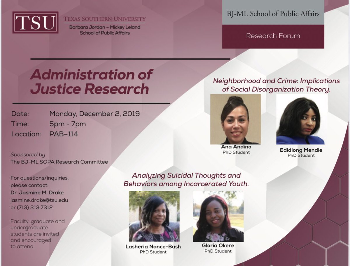 Join us at the Barbara Jordan-Mickey Leland School of Public Affairs Research Forum. I will be speaking on “Neighborhood and Crime: Implications of Social Disorganization Theory.” Please stop by if you can. <a href="/TxSouthern_AJ/">TexasSouthern_AJ</a> <a href="/TexasSouthernAJ/">TSU AJ</a> <a href="/bjmlspa/">BJMLSPA</a> <a href="/MrsNanceBush/">LaSheria Nance Bush</a>