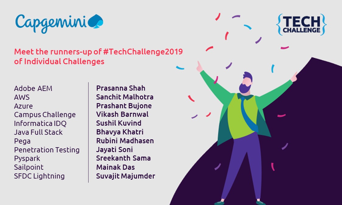 CapgeminiIndia's tweet photo. Here are the winners and runners-up of the individual challenges at #TechChallenge2019. Congratulations! 🔥🎉🦸 https://t.co/iIfuLTD3b4