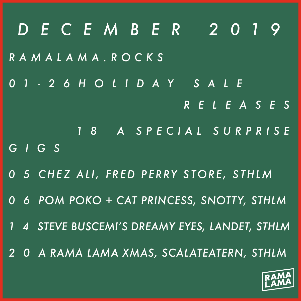 Happy new month! 🤟🔛 - Links - Sale - ramalama.rocks Pom Poko + Cat Princess - billetto.se/e/pom-poko-no-… A Rama Lama Christmas (Live: Melby + TBA) - billetto.se/e/a-rama-lama-… Rama Lama playlist - bit.ly/ramalamarecords Rama Lama mailing list - eepurl.com/dfjnvL