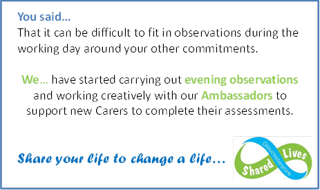 SharedLivesGCC's tweet photo. Lots of our Carers have work commitments, children to support, or other caring responsibilities. We want to support our Carers through the assessment process without affecting these things, so we're doing observations outside of working hours. #personcentred #notjustajob #GSL https://t.co/NCRYjbwSuD