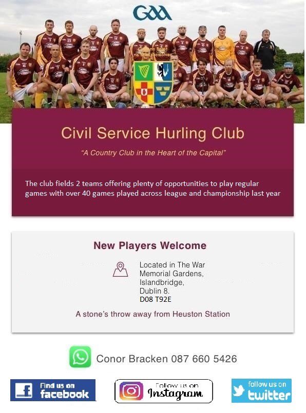 Interested in playing hurling in Dublin in 2020?
Civil Service Hurling Club have 2 teams and are always on the lookout for new players of all abilities who are interested in playing hurling. 
Please send us a message to get involved with training recommencing in January.