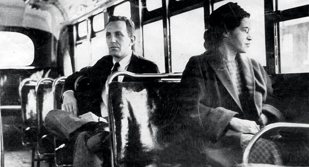 Iconic image of Rosa Parks sitting on a bus in Montgomery, Alabama.