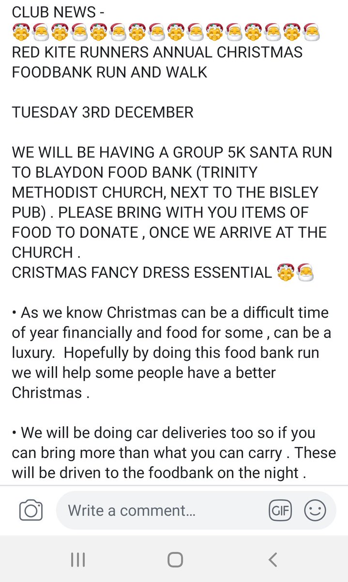 We will be doing our Christmas Foodbank Run / Walk at 6:30pm  Tuesday 3rd December

Starting at <a href="/SwalwellJrsFC/">Swalwell Juniors FC</a> we will be heading to <a href="/GFoodbank/">Gateshead Foodbank</a> at Trinity Methodist Church in Blaydon to drop off our donations.

We will be doing a car run for what people can't carry.
Please help
