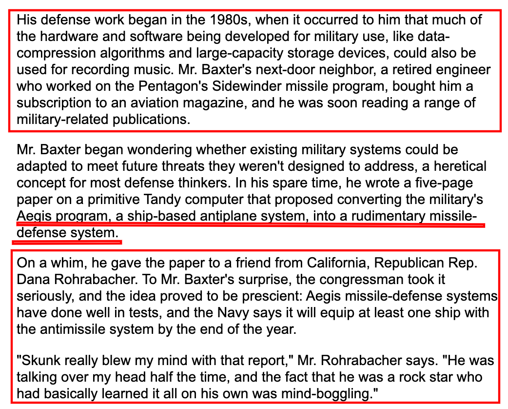 measure7x's tweet photo. Baxter had a revelation that military tech could be used for music recording, so uh, his neighbor who happened to work on the Sidewinder missile program, got him a subscription to an aviation mag? Next thing you know, he's a 'self-taught' missile defense expert doing intel work https://t.co/H6fimmaOOL