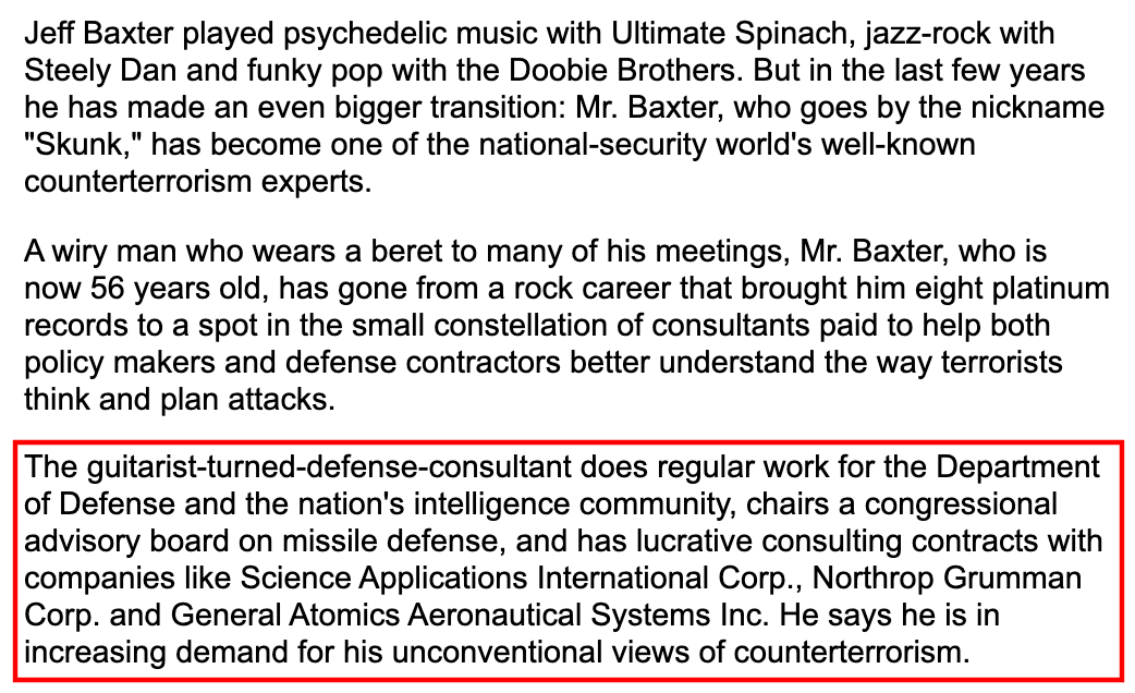 measure7x's tweet photo. Baxter had a revelation that military tech could be used for music recording, so uh, his neighbor who happened to work on the Sidewinder missile program, got him a subscription to an aviation mag? Next thing you know, he's a 'self-taught' missile defense expert doing intel work https://t.co/H6fimmaOOL