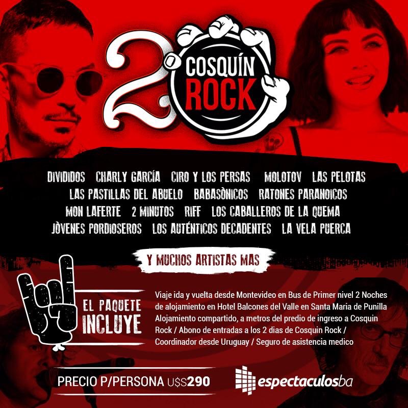 UruguayRock's tweet photo. 👉  Cosquin Rock 20 años 👈

Volvemos a @Cosquin_Rock a festejar los 20 años de historia. 

Viajá con @UruguayRock y @Espectaculos_BA con un precio único 👇

👇 LINK DE COMPRA 👇

https://t.co/qLEHjJ0CM6 https://t.co/ukku0gqrMi