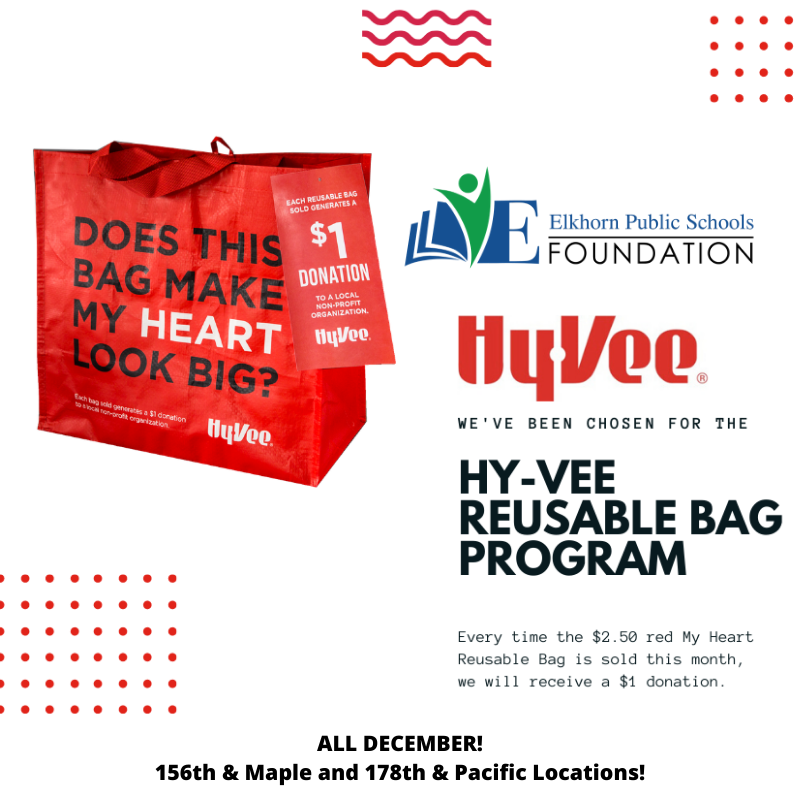 EPSF_Alumni's tweet photo. Happy December! Go to the @HyVee located at 156th &amp; Maple or 178th &amp; Pacific and purchase a $2.50 red My Heart Reusable Bag to send a $1 donation to our organization this month! https://t.co/hgTuxQIuhn