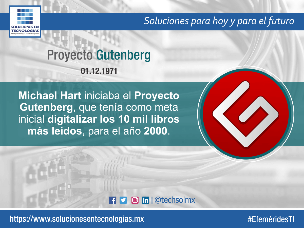 techsolmx's tweet photo. Un día como hoy (01/12/1971): Michael Hart iniciaba el Proyecto Gutenberg, que tenía como meta inicial digitalizar los 10 mil libros más leídos, para el año 2000; actualmente, cuenta con más de 30,000 libros https://t.co/0CrC3wF3xY

#MichaelHart #ProyectoGutenberg #Digitalización https://t.co/vCnCYcA5C8