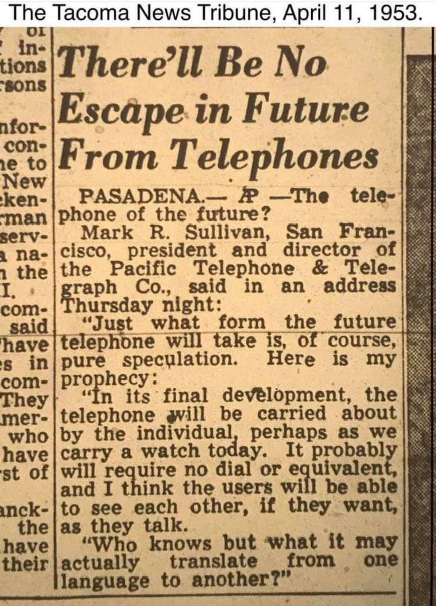 caseorganic's tweet image. 1953 speech prediction by Pacific Bell Chief Mark R. Sullivan. Sullivan served Telephone until 1945. Pacific Bell (aka PacBell) was part of a set of companies later acquired by AT&amp;amp;T.