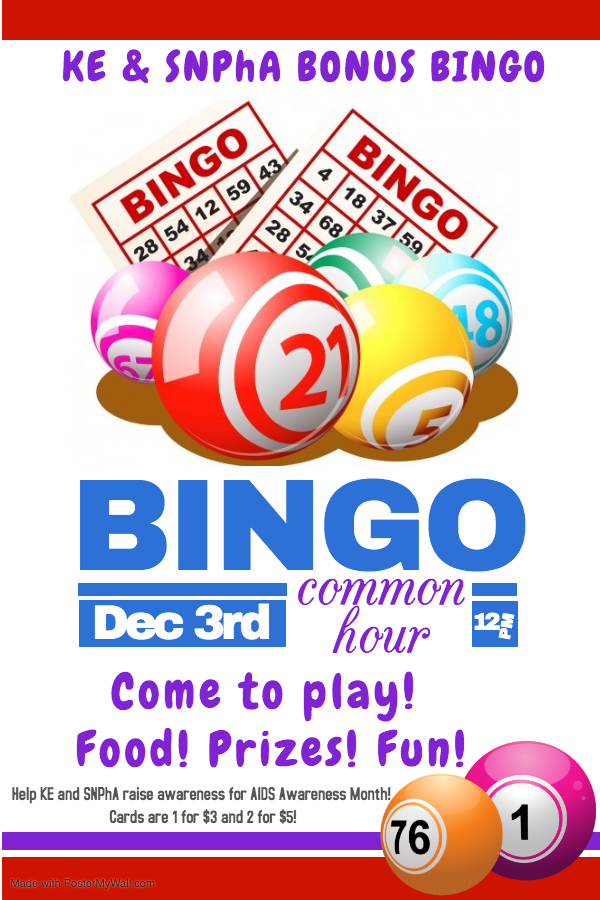 CSUSNPhA's tweet photo. We are hosting "Bonus Bingo" on Tuesday, December 3rd! Help us support and raise awareness for AIDS Awareness Month! https://t.co/SCM1BBkdMd