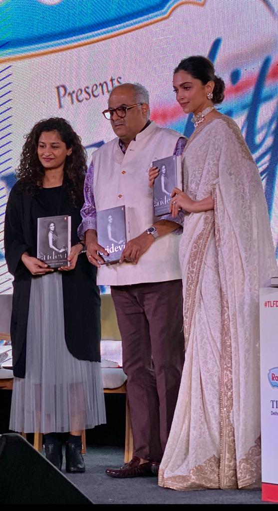 'Sridevi - The Eternal Screen Goddess' authored by @SatyarthNayak is launched by @deepikapadukone & @BoneyKapoor at India Habitat Centre, Lodhi Road, New Delhi. #TLFDelhi