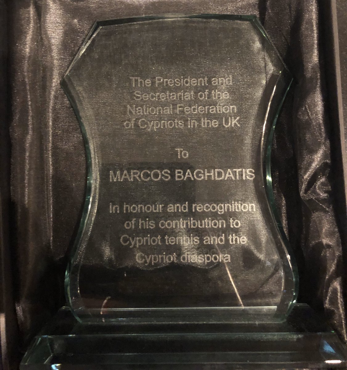 ChrisKaraolis's tweet photo. #Proud &amp; #honoured to meet with @marcosbaghdatis at @ChampionsTennis today, along with Fed Exec member Michael Yiakoumi. We presented him with a commemorative plaque on behalf of @UKCypriotFed to thank him for his tireless contribution to #Cypriot tennis &amp; Cypriot #diaspora. TY! https://t.co/vL821Rz9dw