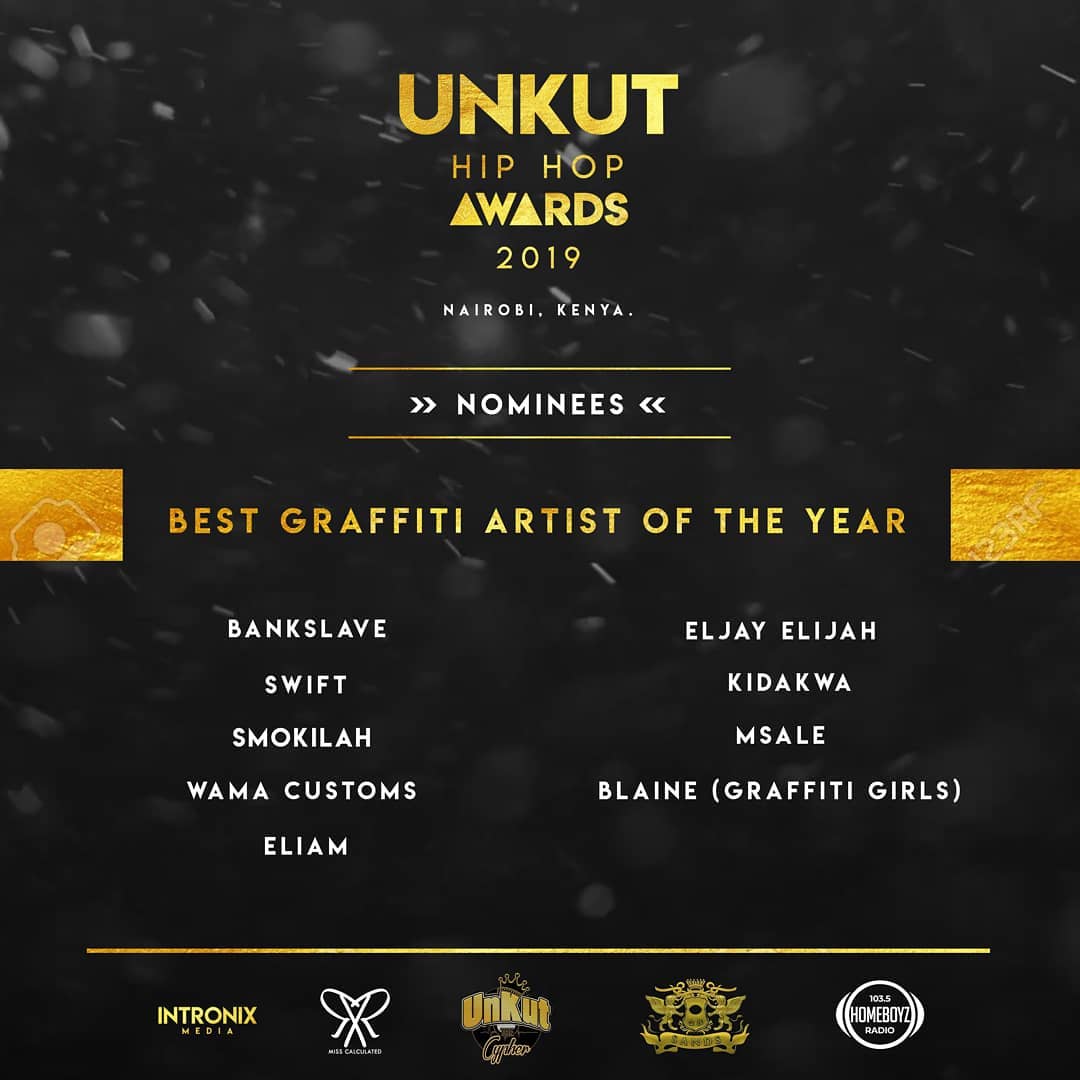 AdoVeliRadio's tweet photo. #UnkutHipHopAwards 2019

Best Graffiti Artist Of The Year
@bankslaveone
#Swift
#Smokilah
@ArtistWama
#Eliam
#EljayElijah
#Kidkwa
#Msale
#Blaine 

VOTE HERE👇🏿
https://t.co/5cSv04XG4c

#AdoVeliPodcast #KEHipHop https://t.co/8t9nwuZ4I7