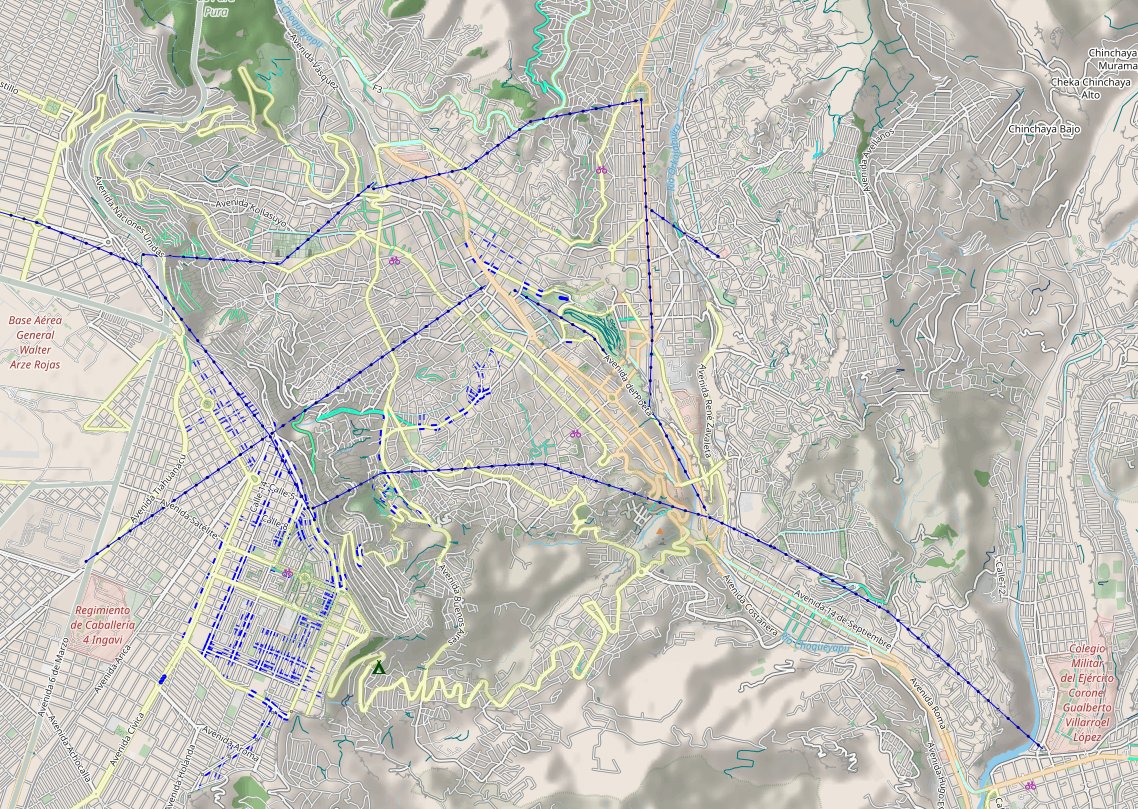 CyclOSMorg's tweet image. Afraid of the 1000m difference of level in La Paz, Bolivia ? Don&apos;t worry, thanks to #CyclOSM you now know they have the cable transportation line to bring you and your bike to the top.

We now render aerial ways, and as usual in blue if they are bikefriendly.
