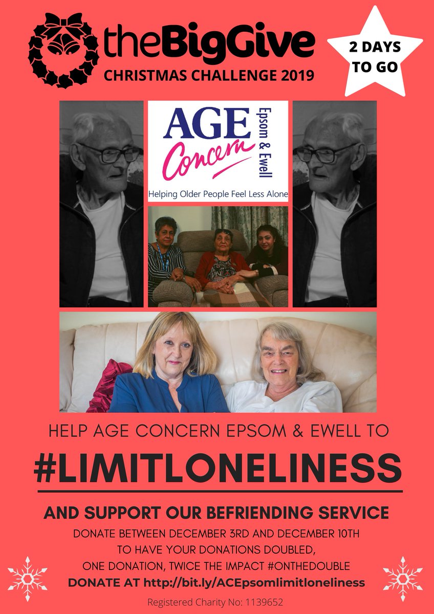 AgeConcernEpsom's tweet photo. Less than 2 days to go! Can you help Age Concern to #limitloneliness. Donation buttons go live from midday December 3rd for 1 week only. With a direct link between loneliness and depression we need to help our older community to feel less alone NOW. @EpsomEwellHigh https://t.co/Xav72PBQMa