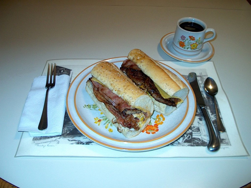 Anthony's Deli, Mamaroneck, NY. 
Ladies &amp; gentlemen, the Breakfast Barge: 
3 eggs, ham, bacon, sausage.