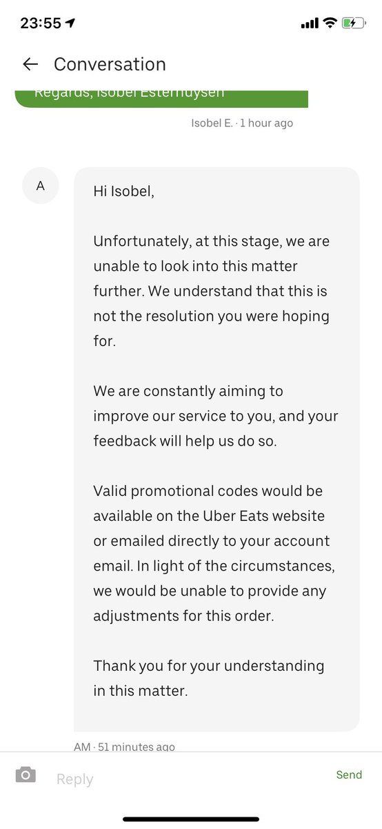 Isobel_83's tweet photo. This is how @UberEats treats an order delivered incorrectly. They just plain tell you they can’t look into it futher = THEFT https://t.co/z6anTBYd8m