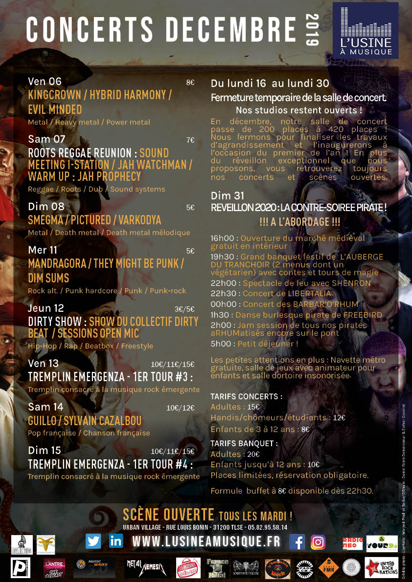 RDV en décembre et au réveillon "La Contre-Soirée Pirate" ! ;)
#réveillon #concert #toulouse #scèneouverte #rock #punk #hiphop #metal #reggae #dub