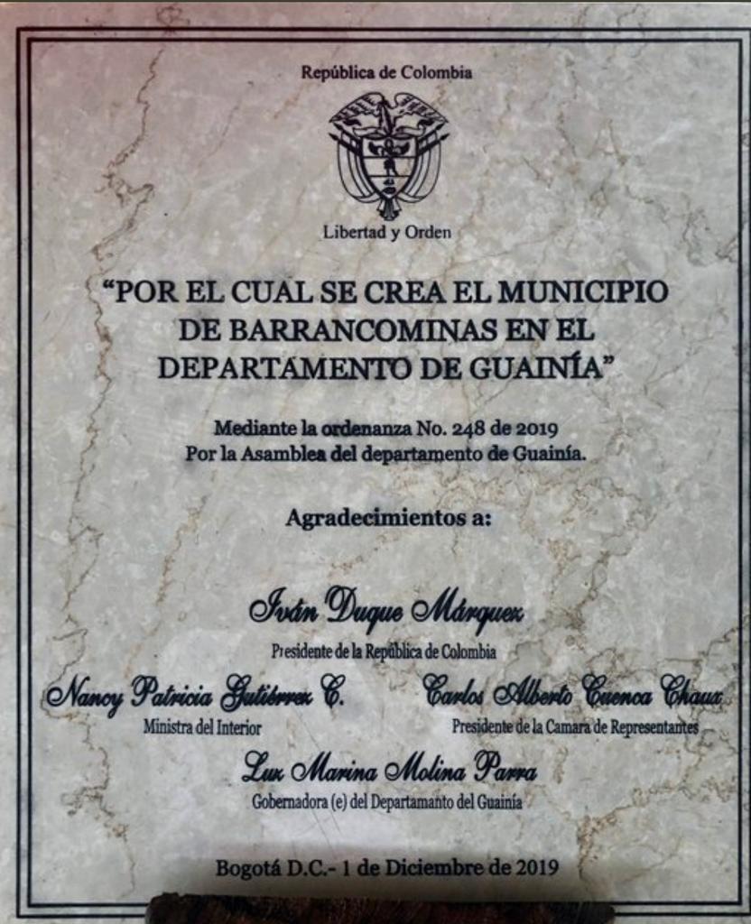 HOY PRIMERO DE DICIEMBRE DE 2019, BARRANCOMINAS ES ELEVADA A  MUNICIPIO POR DECRETO 1454 DE 2018.
facebook.com/10661342408075…