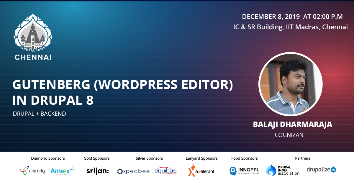 drupalChennai's tweet photo. #DrupalCampChennai #Speaker Balaji Dharmaraja for his #Session "#Gutenberg (#WordPress #Editor) in #Drupal8" @drupalChennai - https://t.co/bD9vAjzQSG
@Cognizant #DCC19 #AI #Talk #Chennai #IITM #DrupalCampReimagined #DrupalCommunity #DrupalBackEnd #Drupal https://t.co/9DkqK5PGW2