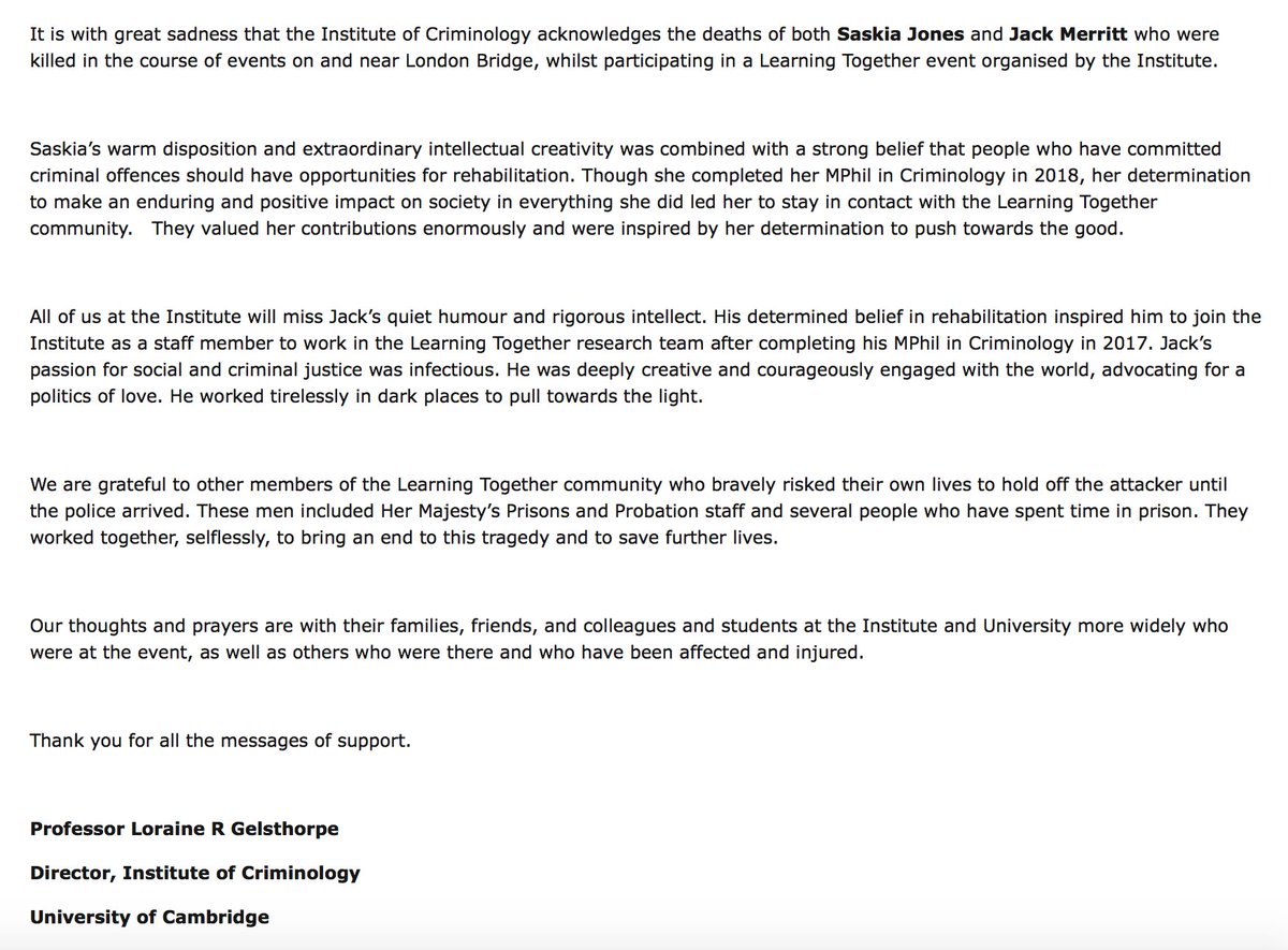DrHannahGraham's tweet photo. Poignant statement from Professor Lorraine Gelsthorpe, @CamCriminology, paying beautiful tribute to Saskia Jones, Jack Merritt, and the #learningtogether community. You have the support of criminologists across the country in the midst of painful tragedy. https://t.co/hzWzBdByhv https://t.co/ZQesLjQgEz