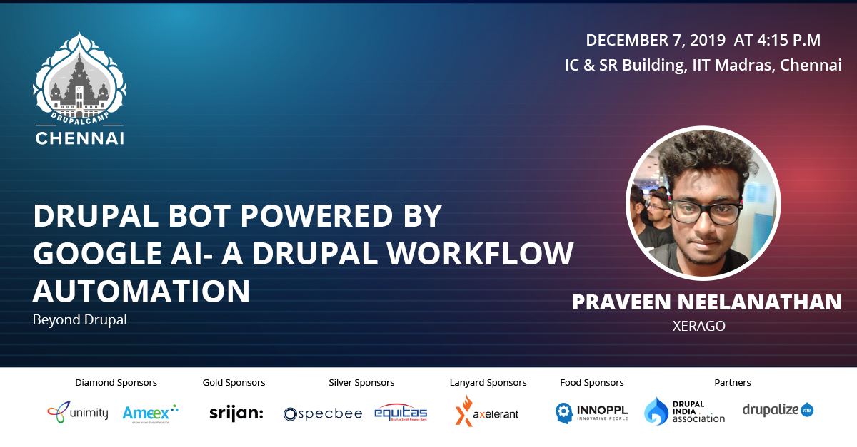 drupalChennai's tweet photo. #DrupalCampChennai #Speaker @praveenparker13 for his #Session "#Drupal #Bot Powered by #Google #AI - A Drupal Workflow #Automation" @drupalChennai - https://t.co/n1D0ZnhV9d
@xerago #DCC19 #AI #Talk #Chennai #IITM #DrupalCampReimagined #DrupalCommunity #BeyondDrupal https://t.co/GCxOfHbtMf