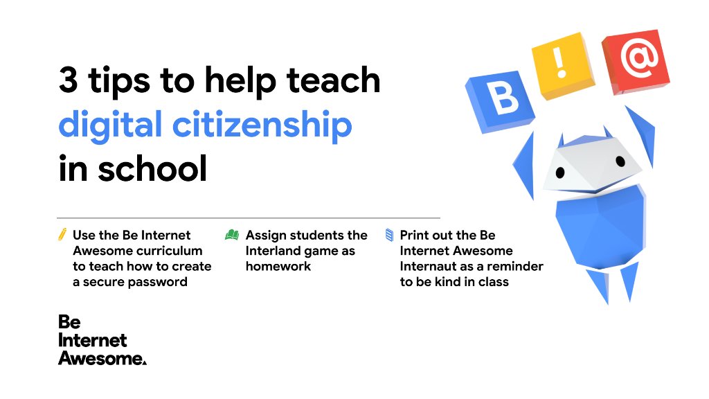 GoogleForEdu's tweet photo. Take a break from the leftovers for a #BeInternetAwesome recap:
1️⃣ Create a complex &amp; safe password: https://t.co/YhcU6bdx0p
2️⃣ Assign Interland in #GoogleClassroom: https://t.co/ZjyNk3SXTU
3️⃣ Print out the flat Internaut as a reminder to practice #digcit: https://t.co/9pGTNHoUM7 https://t.co/3fMPeBmNmS