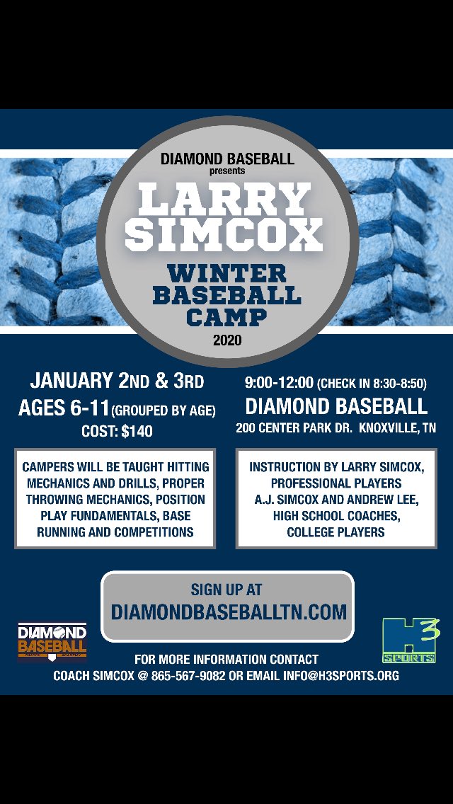 SimcoxSlim's tweet image. Please RT- Larry Simcox Winter Baseball Camp is JAN 2nd &amp;amp; 3rd for ages 6-11. Go to diamondbaseballtn.com to register. Makes a great Christmas gift.