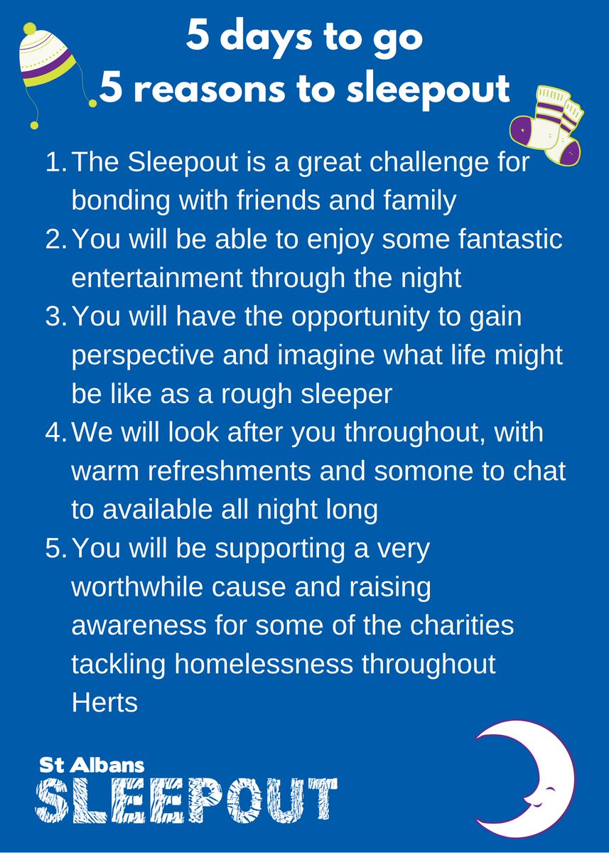 hyhnews's tweet photo. 5 DAYS TO GO!
There are lots of great reasons to take part in our Sleepout but here are our top five. What more could you want? Join us this Friday at Oaklands College!
https://t.co/NOh4CcsNWe

#fundraising #sasleepout #hertfordshire #charity #homeless https://t.co/Cf84Th9asM