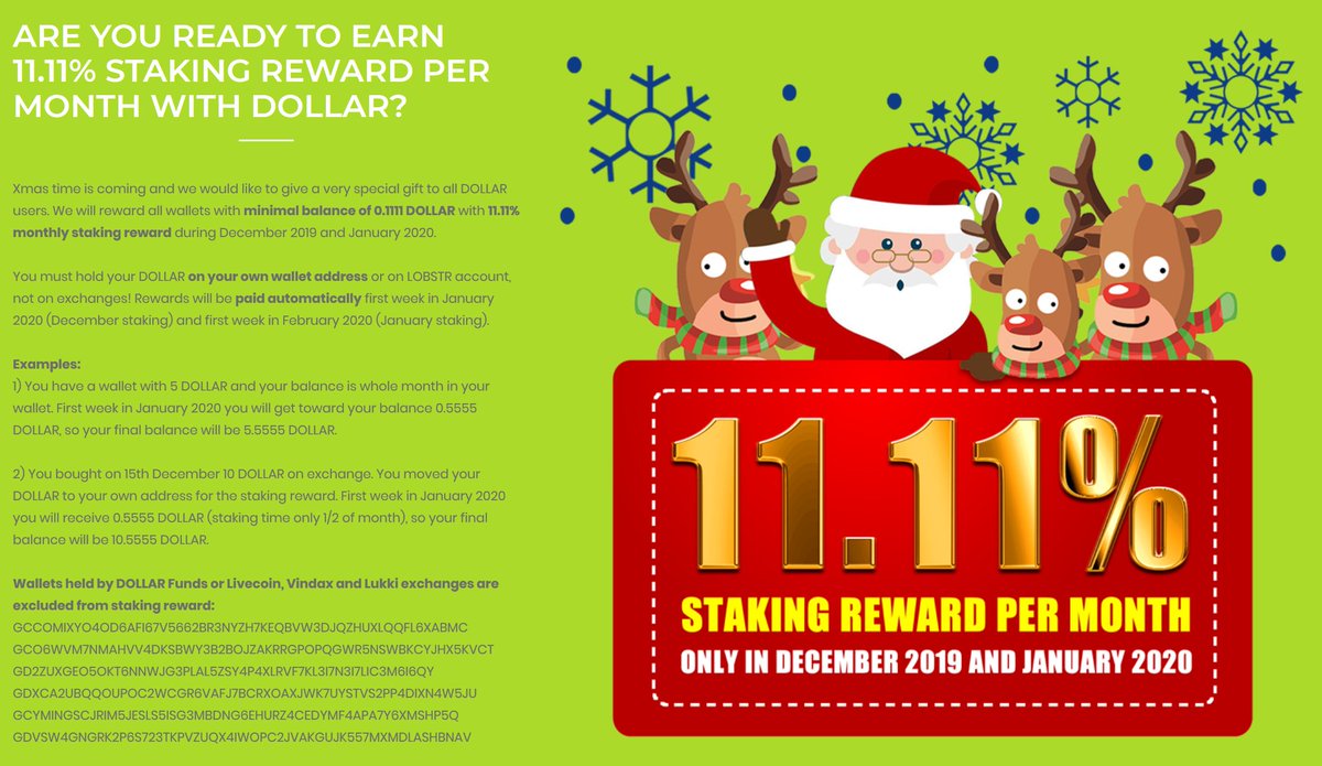 dollarglobal's tweet photo. Are you ready for 11.11% monthly reward? Only available in DEC and JAN. See details on https://t.co/HNNLiHtkih #staking $DOLLAR https://t.co/zDFql5J1cZ